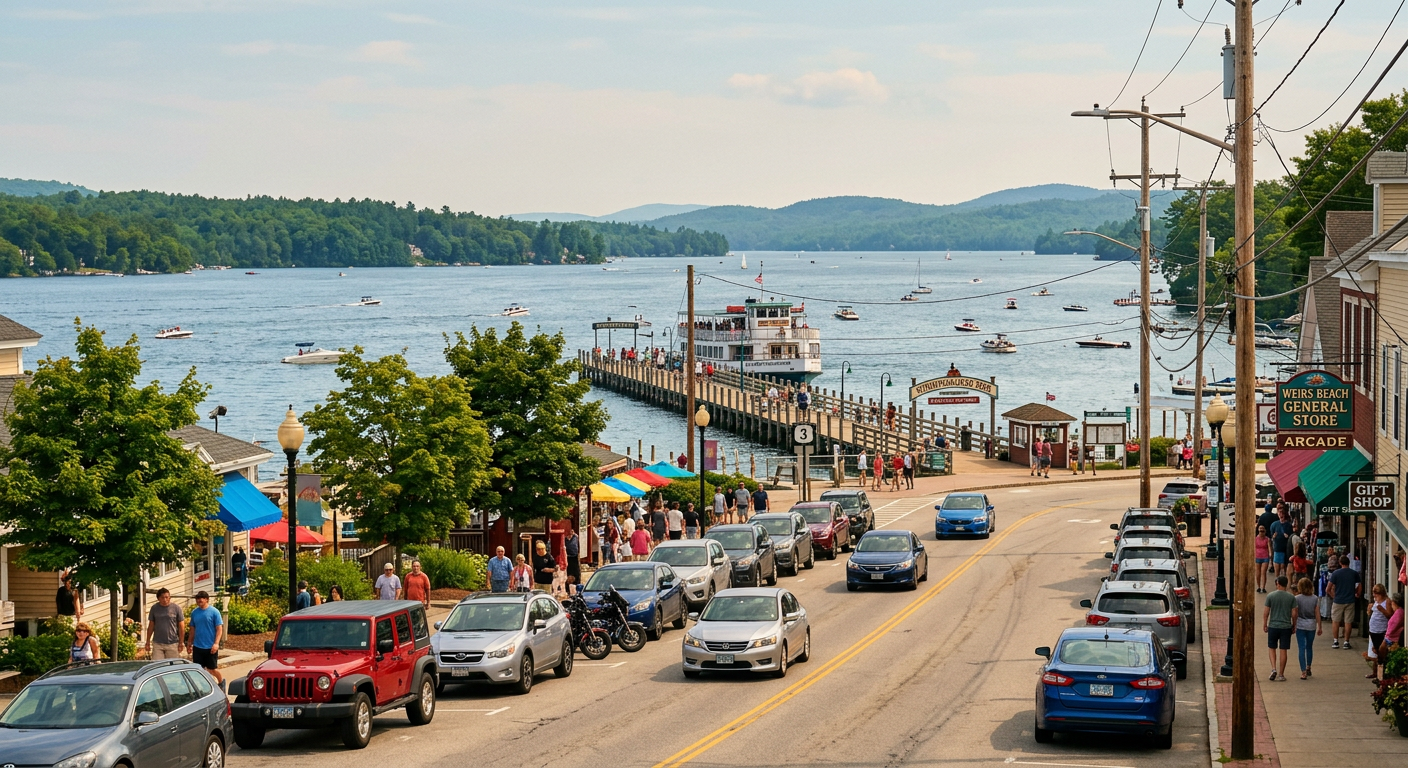 Cars lined up along Lakeside Avenue with the Winnipesaukee Pier and lake in the background under hazy summer sun