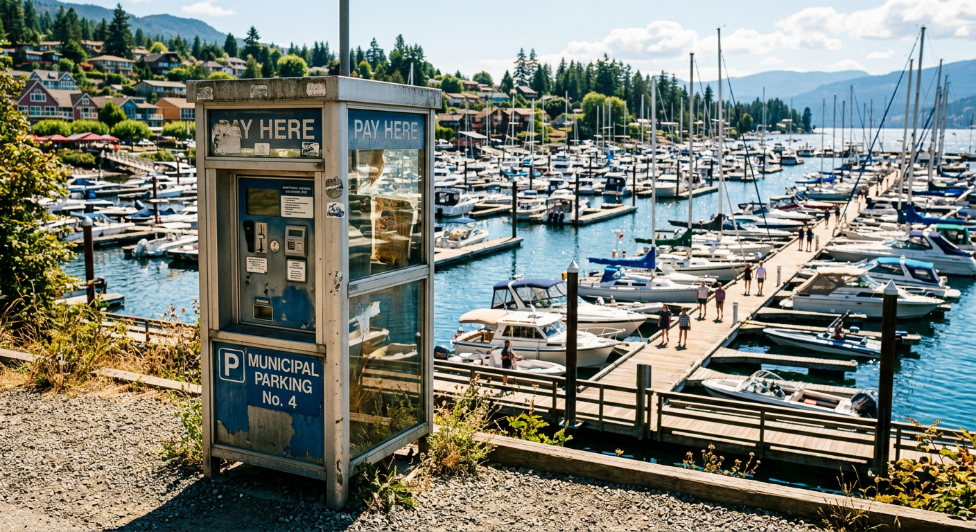 A weathered municipal parking kiosk reflecting in the sun near the crowded boat slips of a summer lake harbor