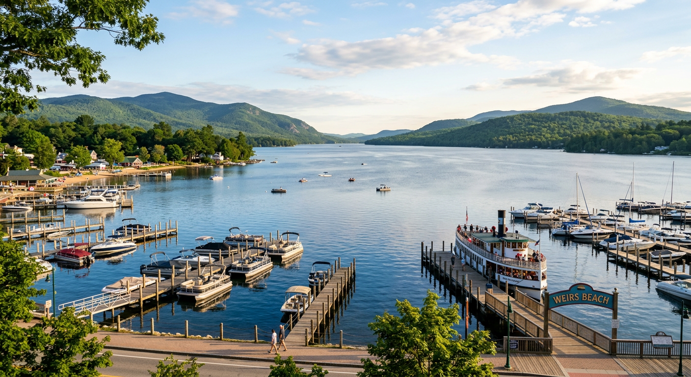 A calm morning view of Lake Winnipesaukee from a slight elevation overlooking the Weirs Beach docks