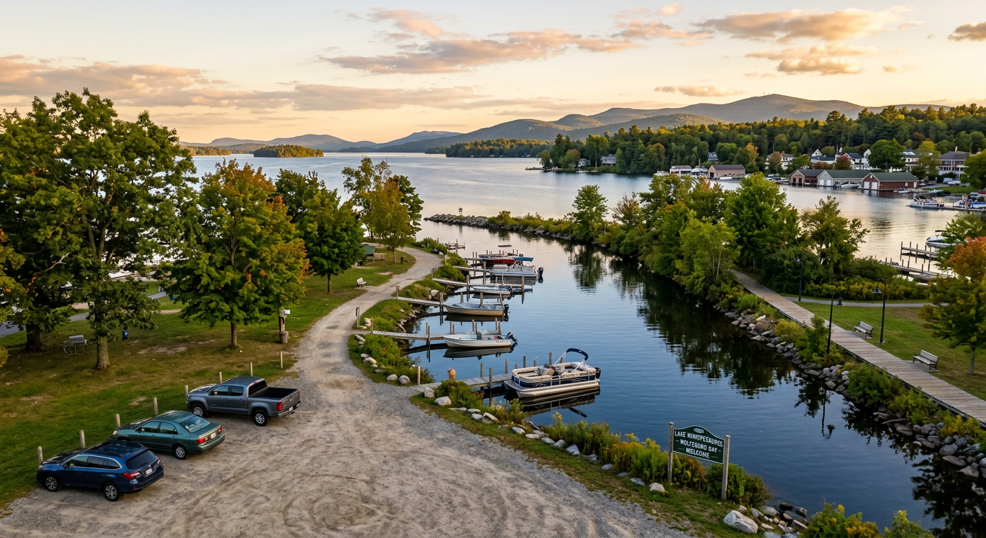 A quiet waterfront park with a gravel lot and calm channel waters leading out to Lake Winnipesaukee