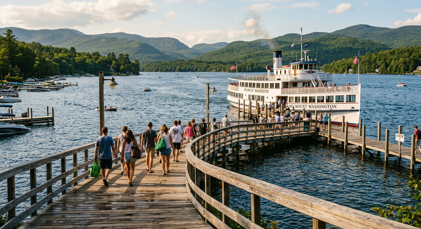 Visitors walking down the wooden boardwalk beside Lake Winnipesaukee toward the MS Mount Washington tour boat
