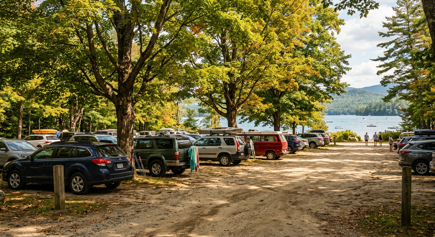 A dusty, shaded auxiliary parking lot near Lake Winnipesaukee with cars parked securely under large maple trees