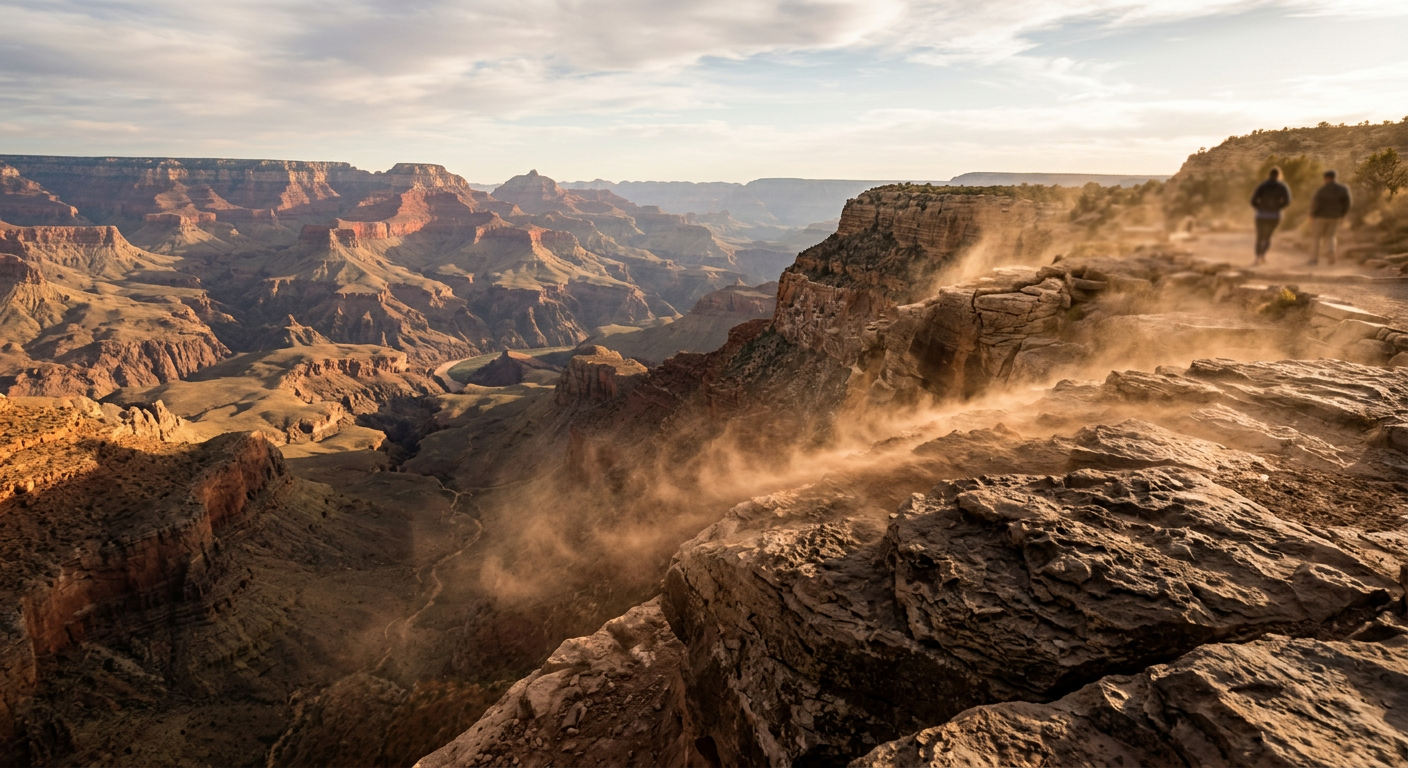 Dust blowing across the rocky ledge at Eagle Point overlooking the Grand Canyon