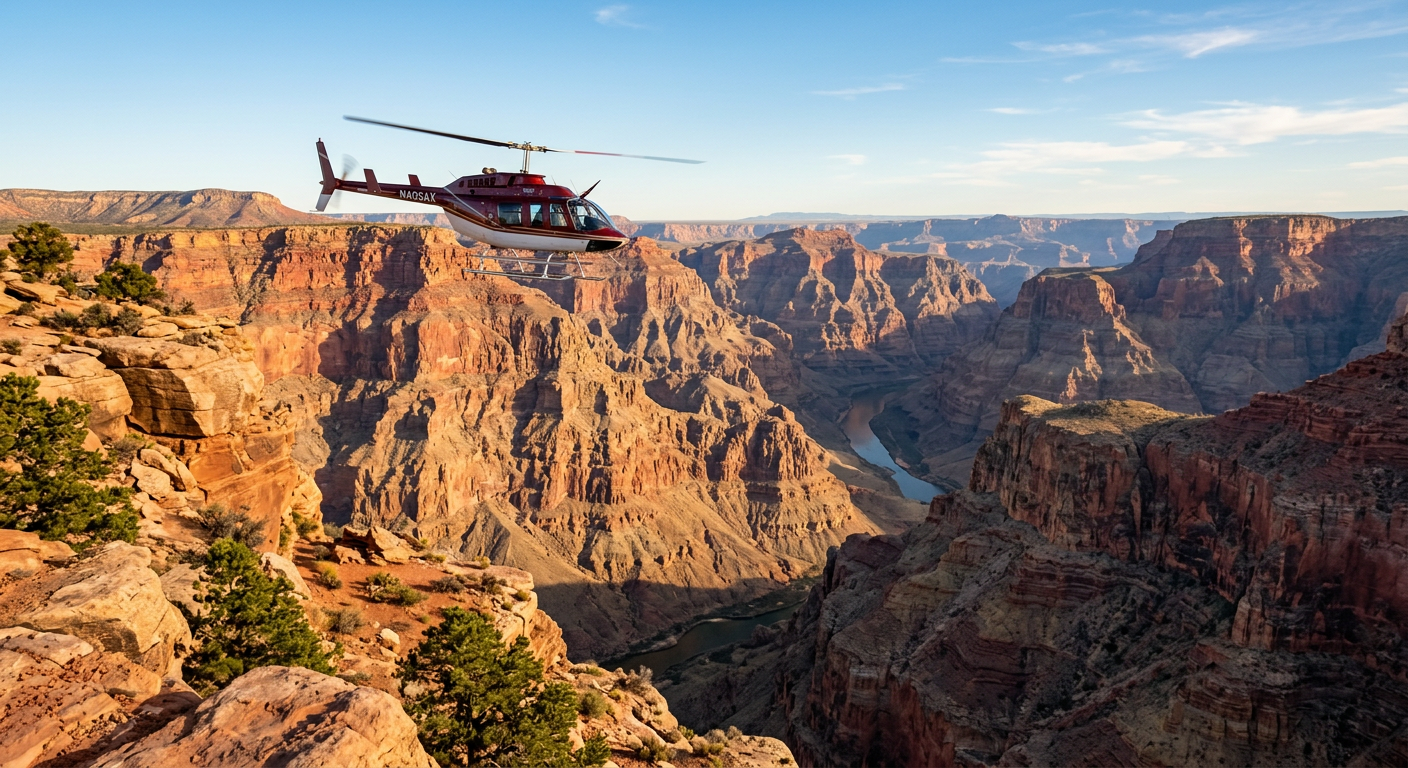 A sightseeing helicopter flying past the layered red and orange rock walls of the Grand Canyon West Rim