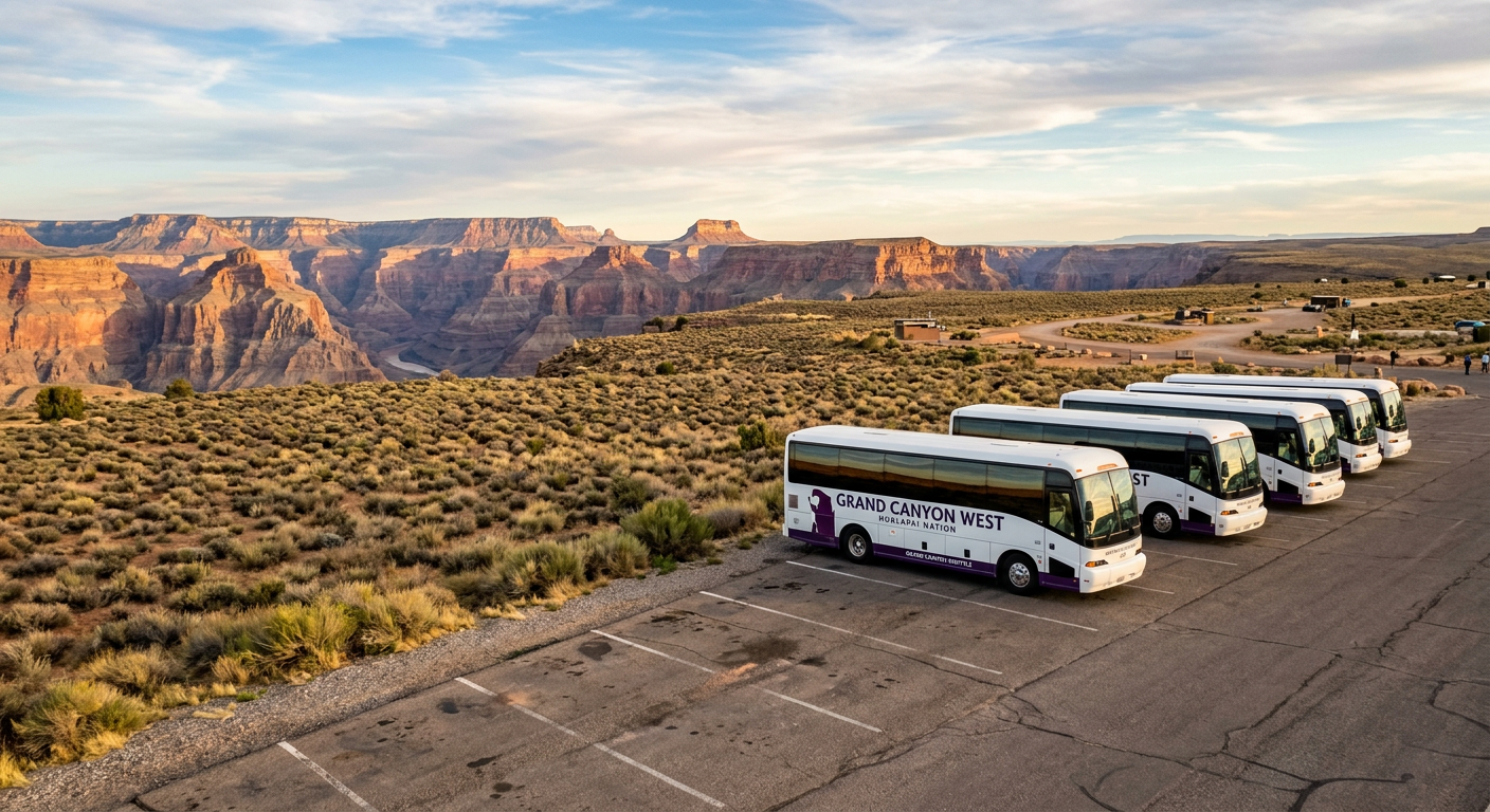 A line of shuttle buses parked on the tarmac near a dry sagebrush field at the Grand Canyon West Rim