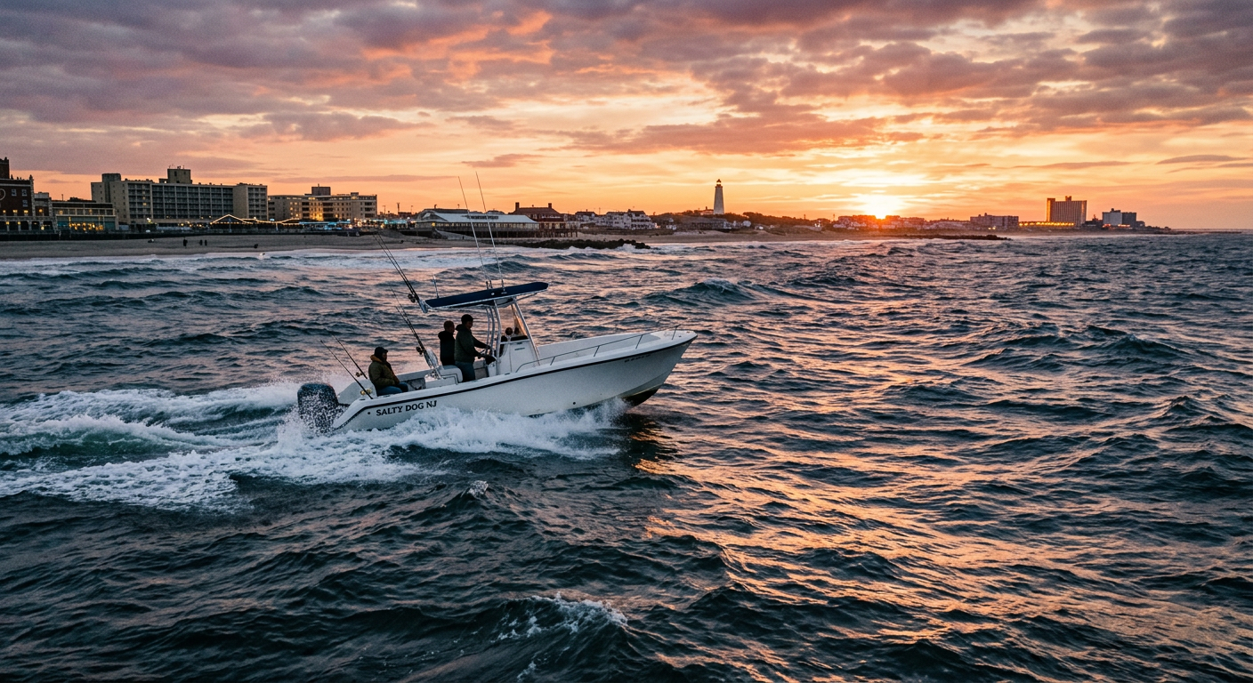 A small white motorboat navigating through choppy dark blue ocean water near a New Jersey coastline at dusk