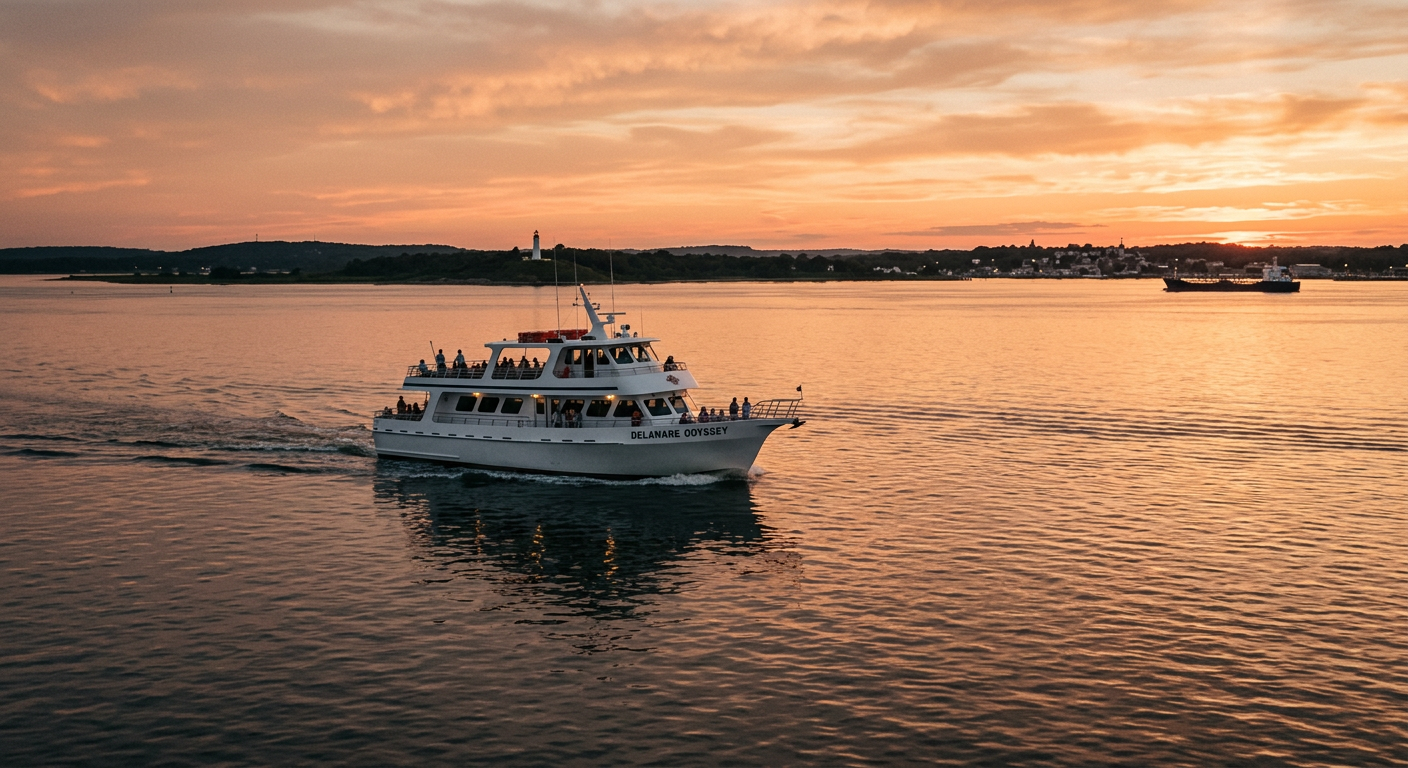 A white tour boat cutting through calm, golden-lit waters of the Delaware Bay at dusk