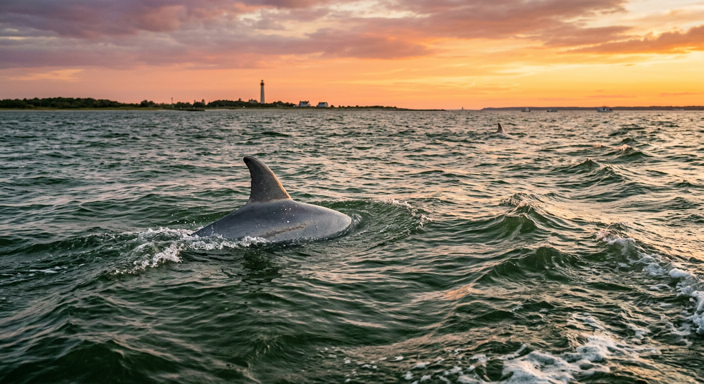 A gray dolphin dorsal fin breaking the choppy green water of the Delaware Bay at dusk