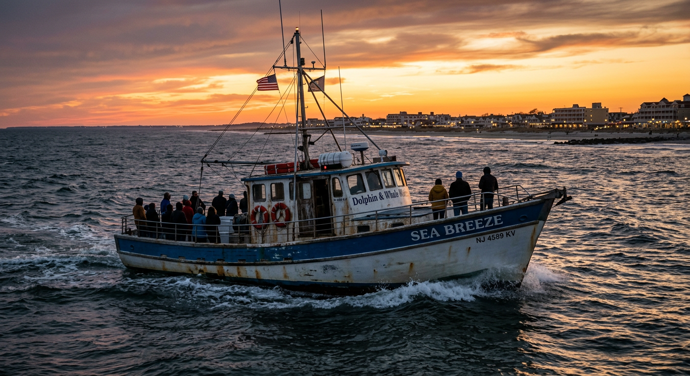 Weathered tour boat navigating the Atlantic waters off the coast of New Jersey at dusk