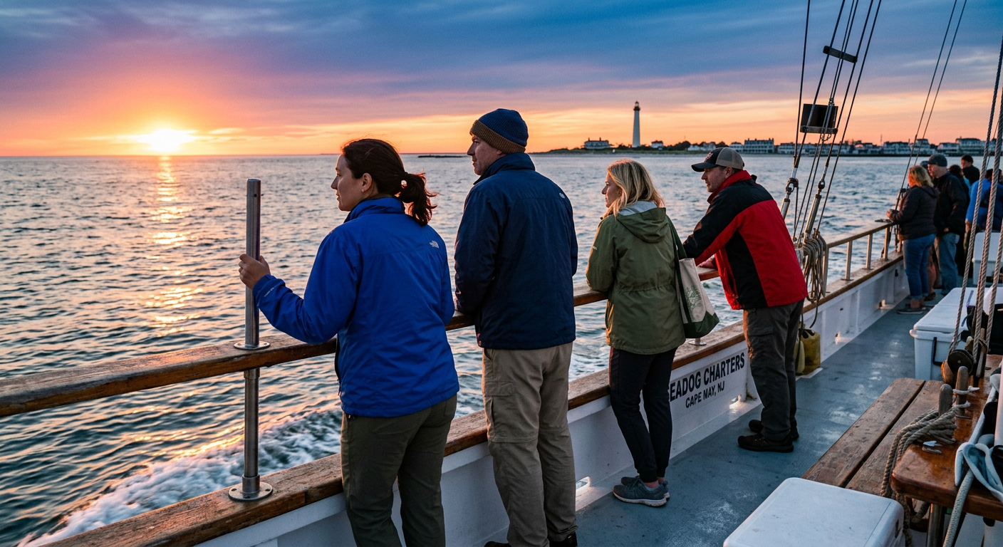 Passengers wearing windbreakers leaning against the rail of a charter boat at sunset in Cape May