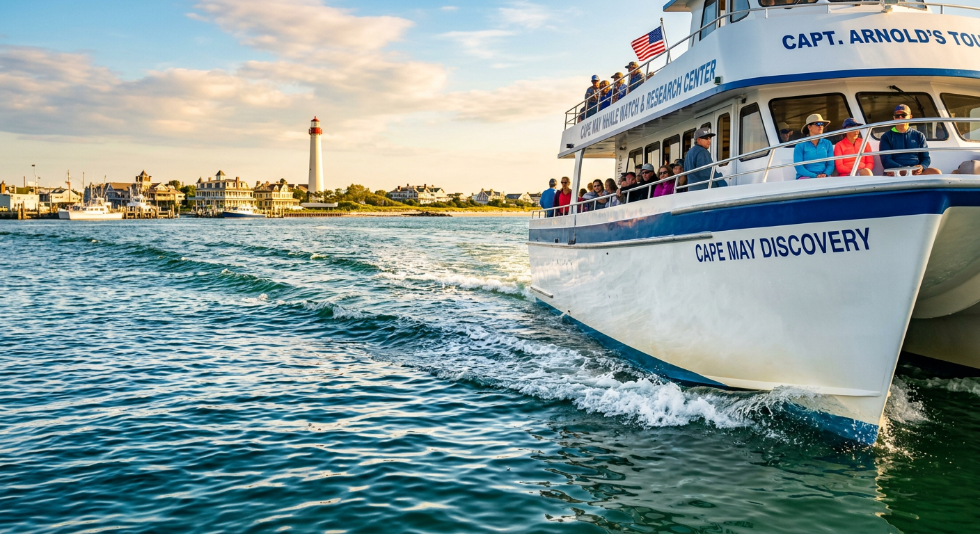 Water rippling around the fiberglass hull of a tour boat near Cape May