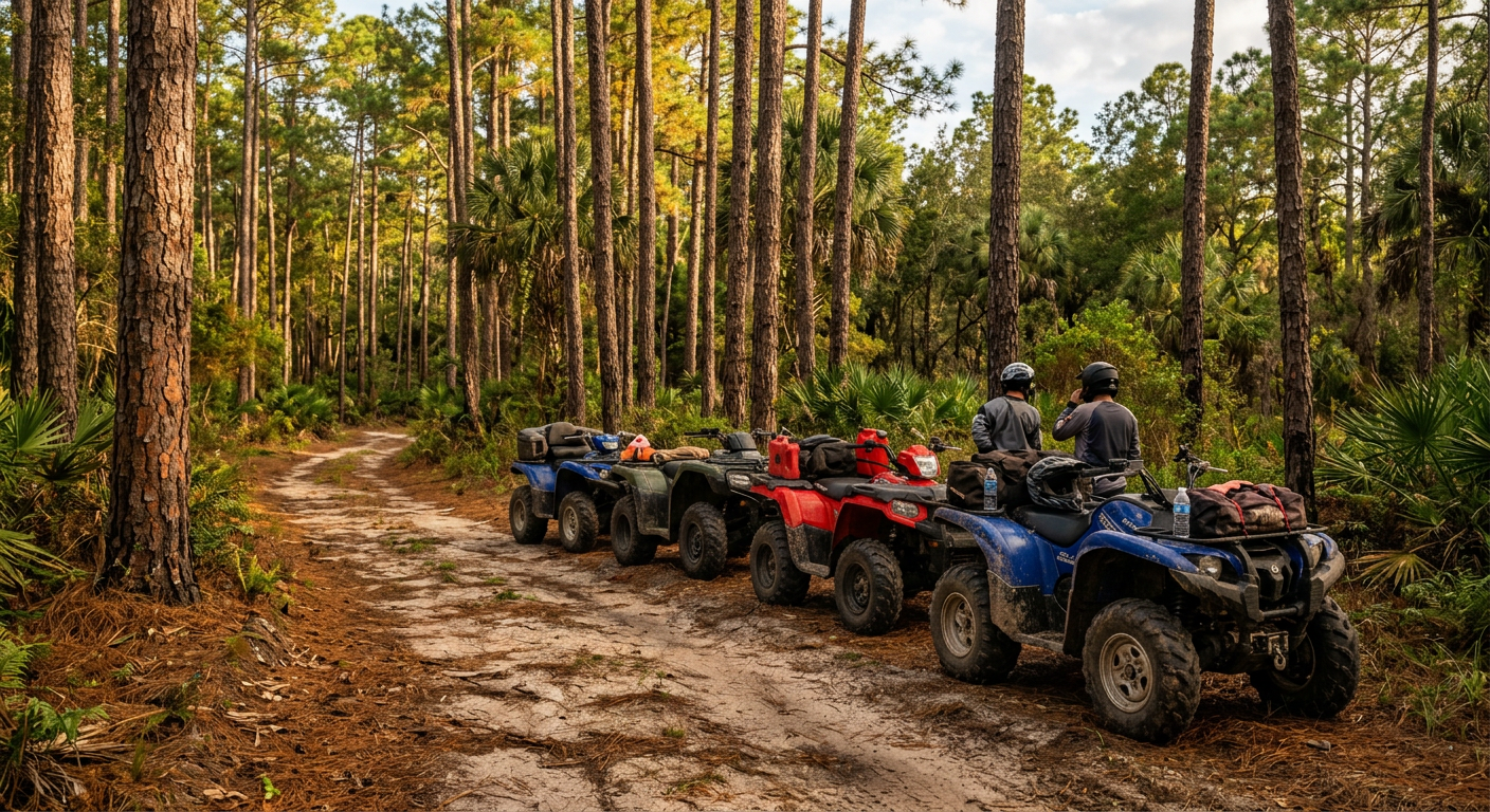 Four-wheelers parked on an unpaved Florida woodland trail surrounded by dense pine trees