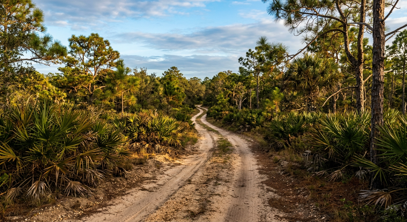 A dusty, empty dirt trail weaving through scrub pines and palmetto bushes in Hernando County