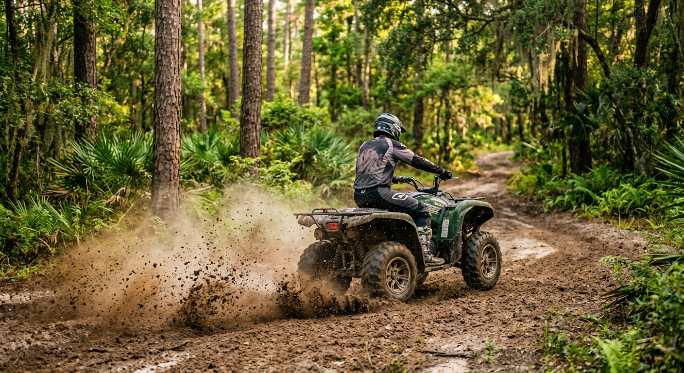 Four-wheeler tires kicking up damp dirt on a Hernando County forest trail in Florida