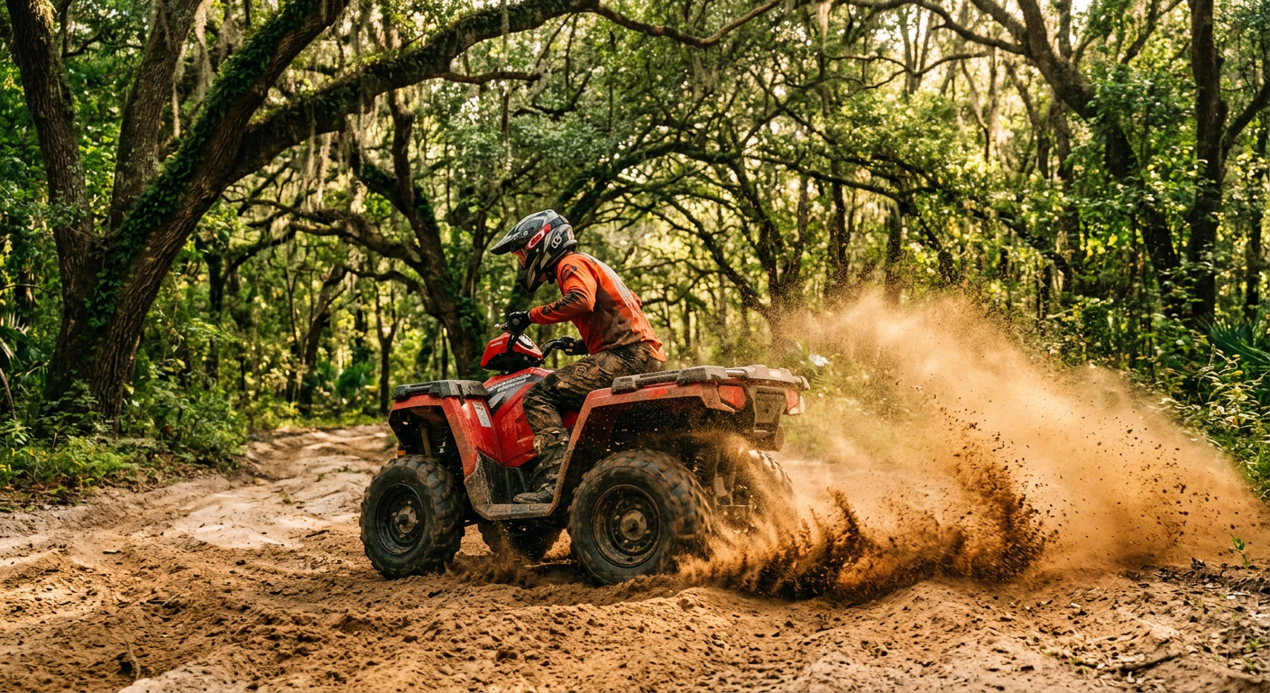 Dust kicking up from an ATV tire on a sandy Brooksville trail under a canopy of oak trees