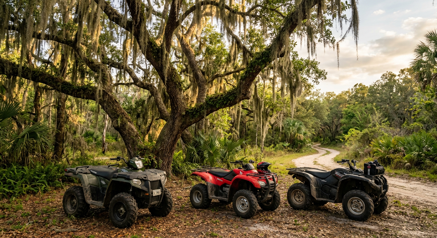Parked ATVs sitting silent under thick oak trees draped in Spanish moss in Brooksville Florida
