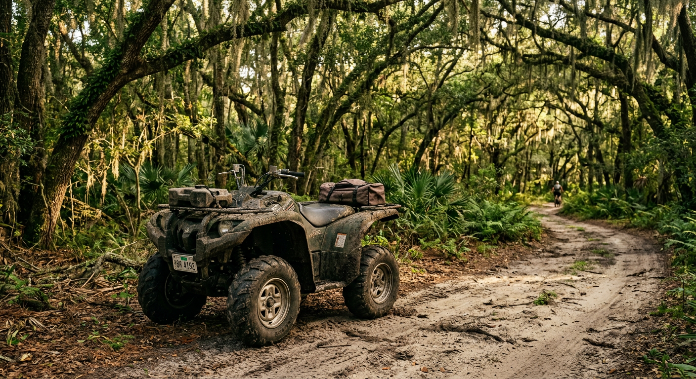 A mud-covered ATV parked off a sandy Brooksville trail under a canopy of dense green oak trees.