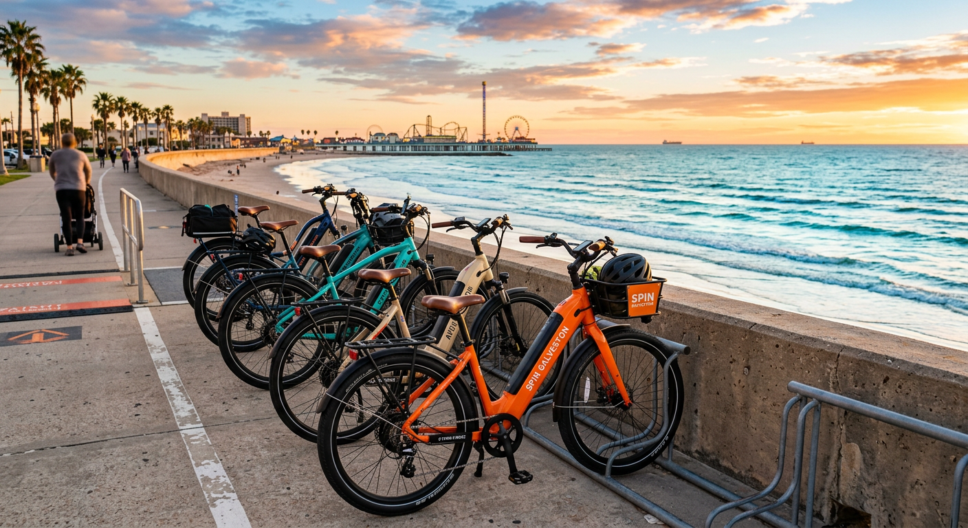 A row of electric bicycles parked along the Galveston Seawall looking out at the Gulf of Mexico