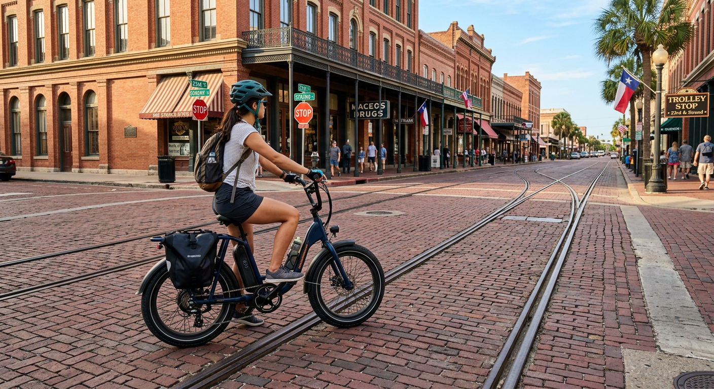 A rider pausing their electric bike at a historic brick intersection in downtown Galveston, showing embedded steel trolley tracks.