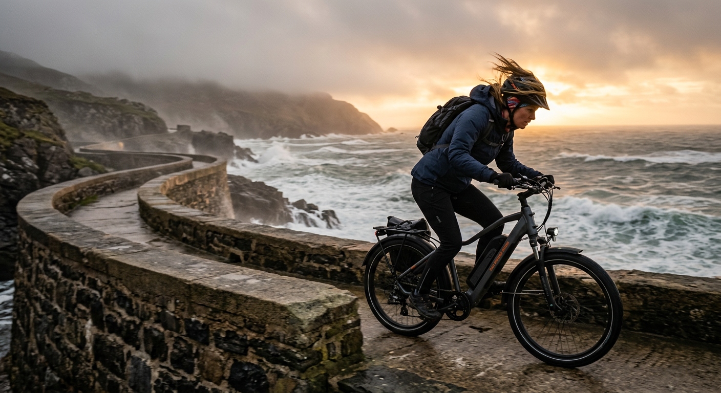 A rider on an electric bicycle leaning into a strong headwind on a foggy coastal seawall