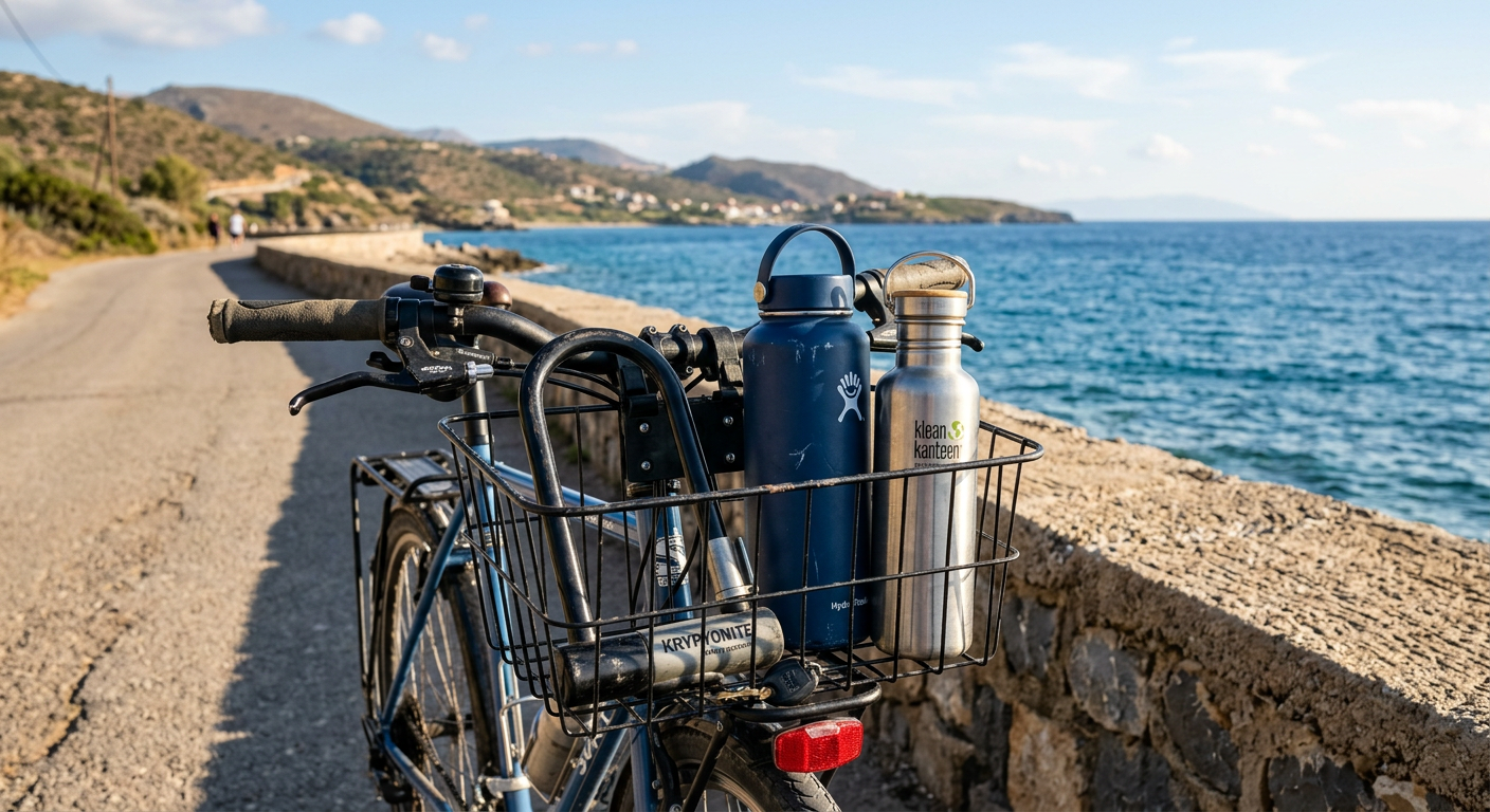 A heavy steel U-lock and two large metal insulated water bottles sitting in a sturdy wire bike basket on a paved path next to a seawall