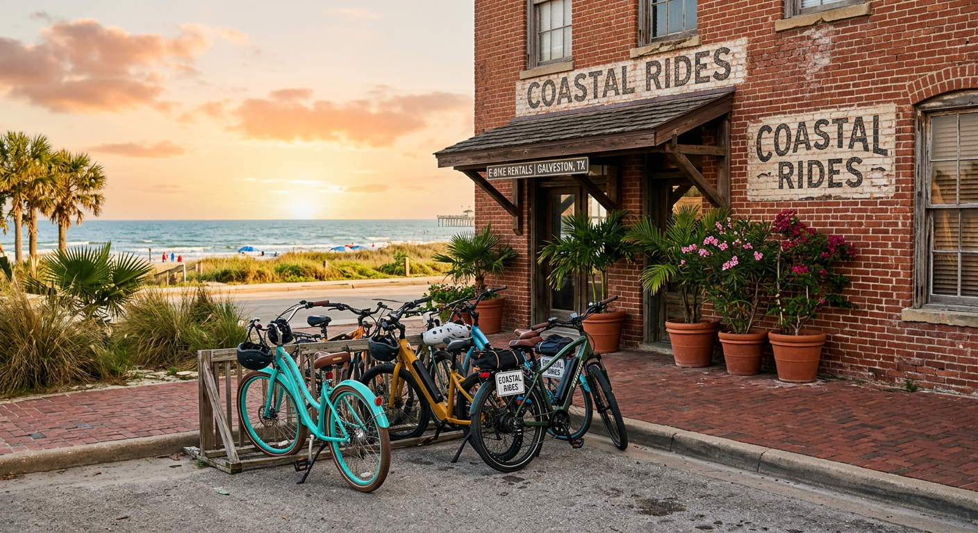 A row of electric bicycles parked outside a brick building near the Texas coast