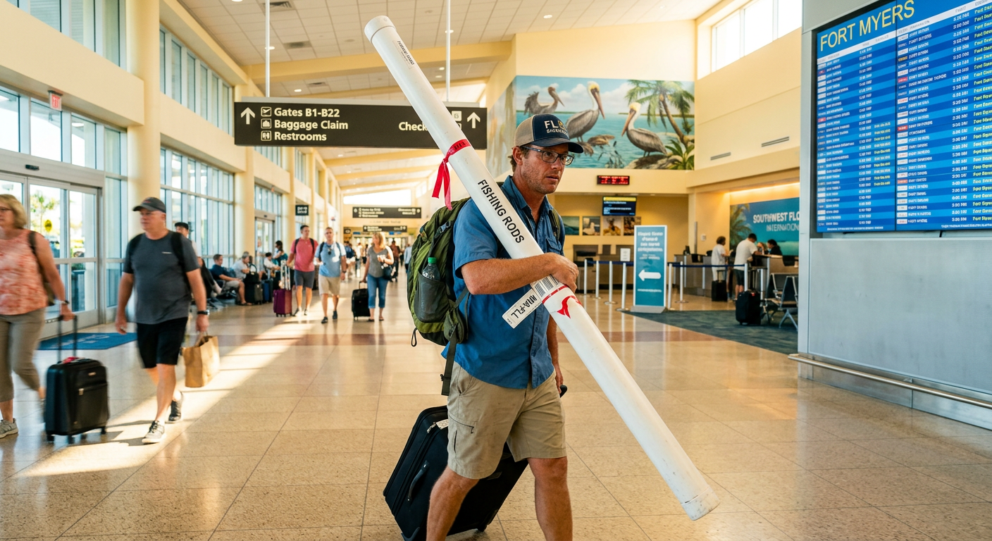 Angler awkwardly carrying a tall white PVC fishing rod tube through a sunny Florida airport terminal