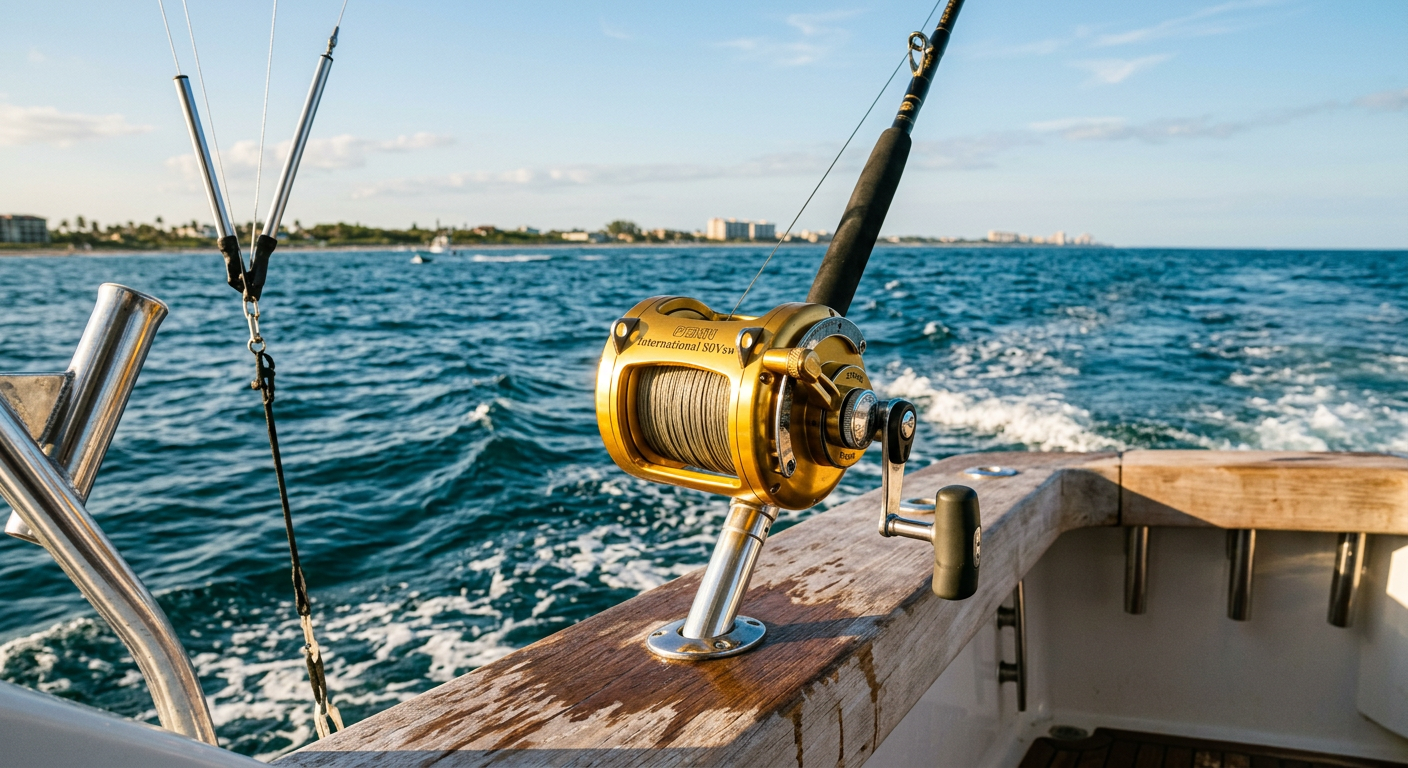 Heavy gold offshore trolling reel mounted on a boat gunwale off the coast of Florida