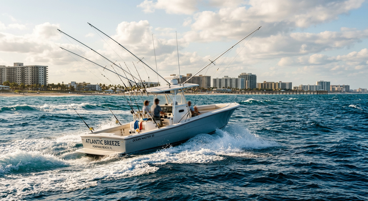 A sleek 35-foot Ocean Master charter vessel cutting through the Atlantic swells off Pompano Beach, fully rigged with outriggers
