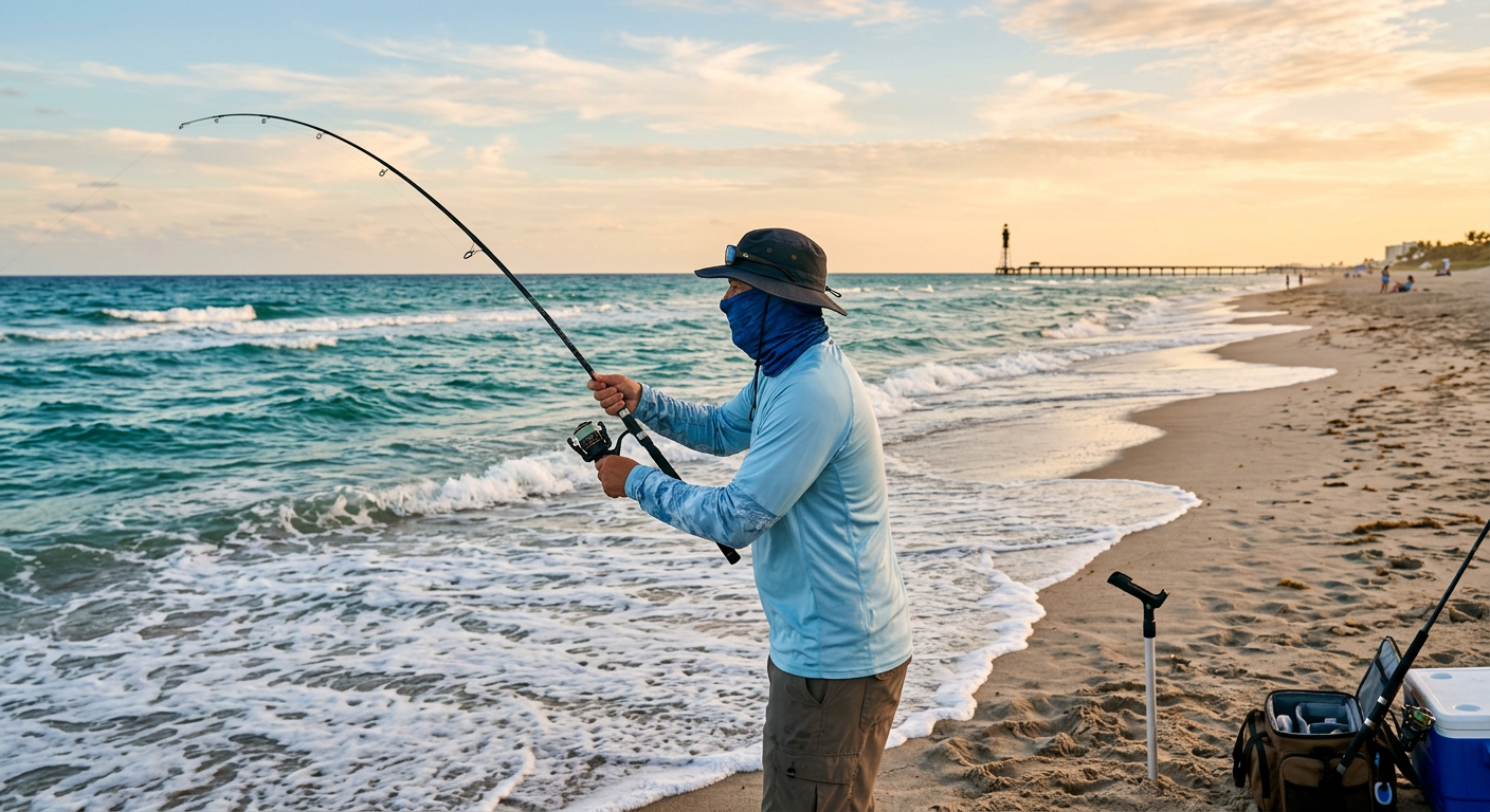 An angler wearing a long-sleeve SPF shirt and neck buff while casting off the Pompano Beach coast