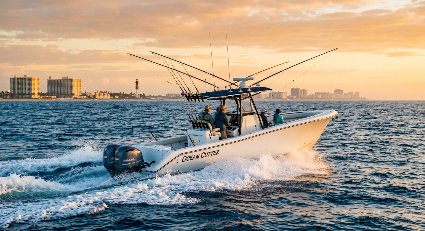 A 35-foot center console boat cutting through deep blue offshore waters off Pompano Beach in the early morning