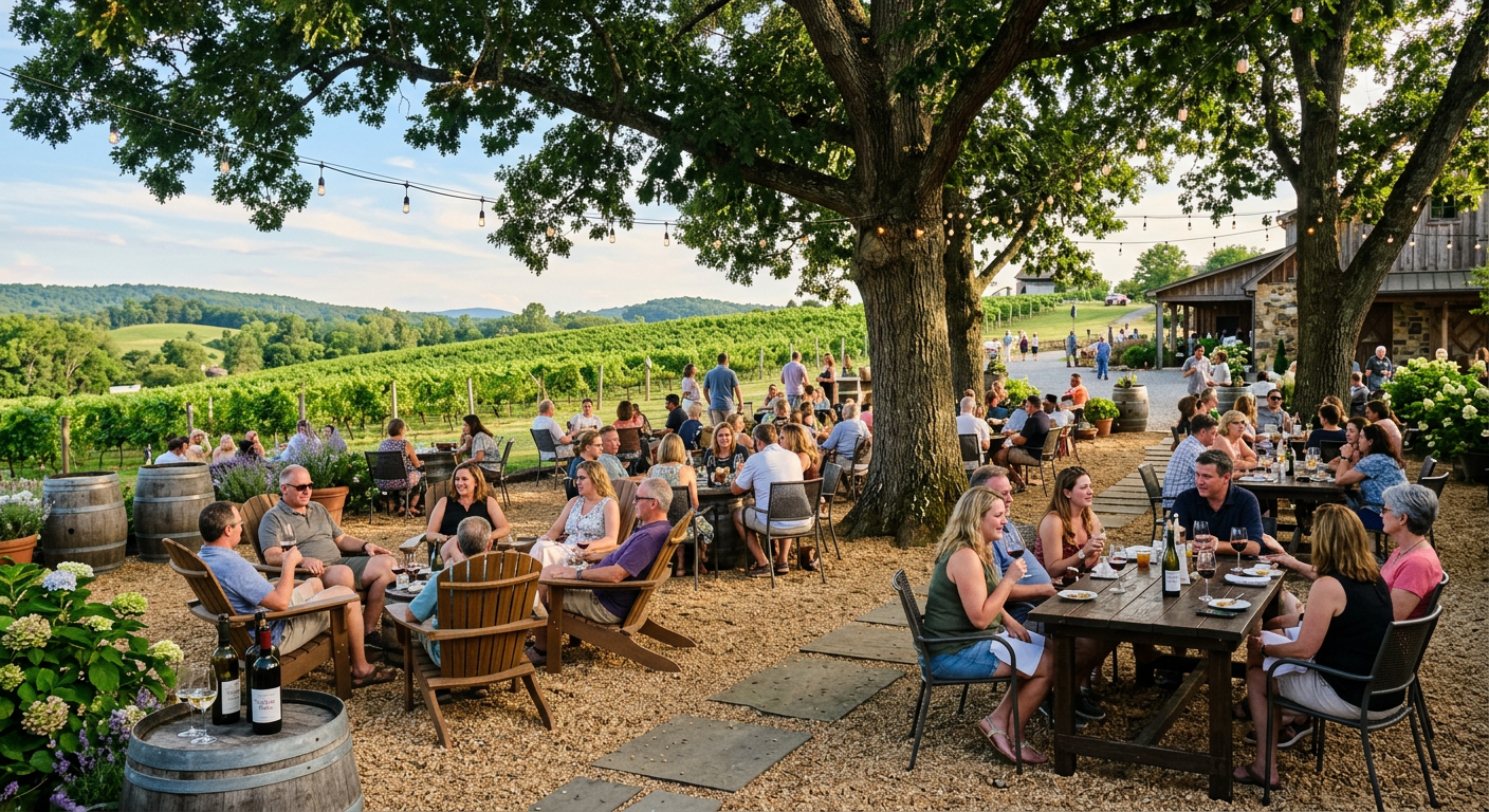 A lively gravel patio at a vineyard with guests sitting in lawn chairs under large oak trees in Central Virginia