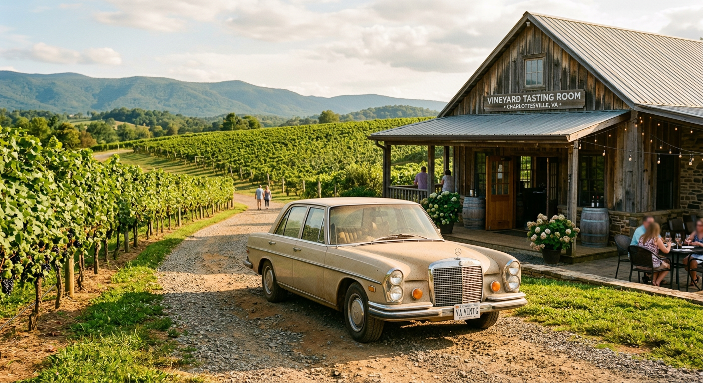 A dusty vintage rental car parked on a gravel road next to a small vineyard tasting room in Charlottesville