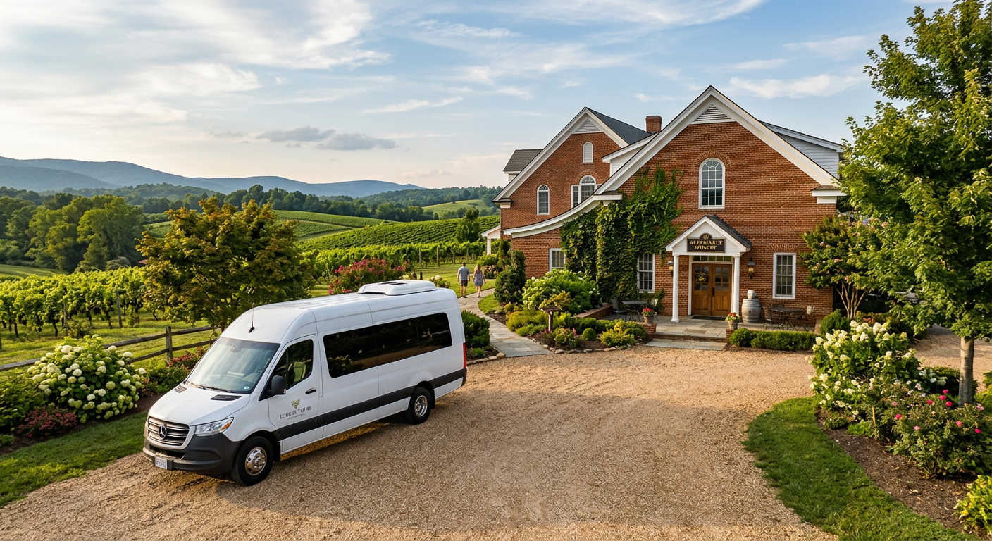 A white luxury tour van parked on a gravel driveway in front of a brick winery in Charlottesville Virginia