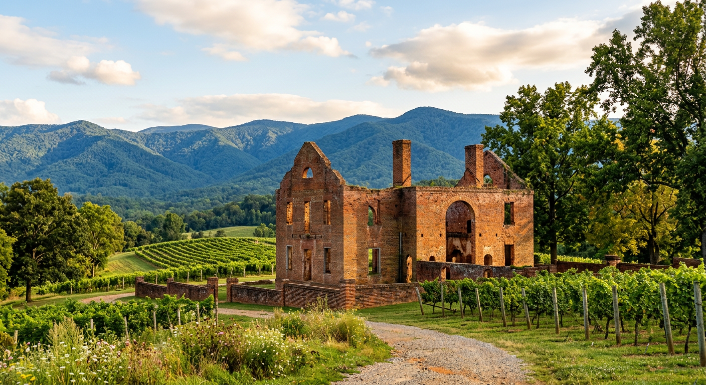 Historic brick ruins of the Barboursville estate standing against the Blue Ridge Mountains in Virginia