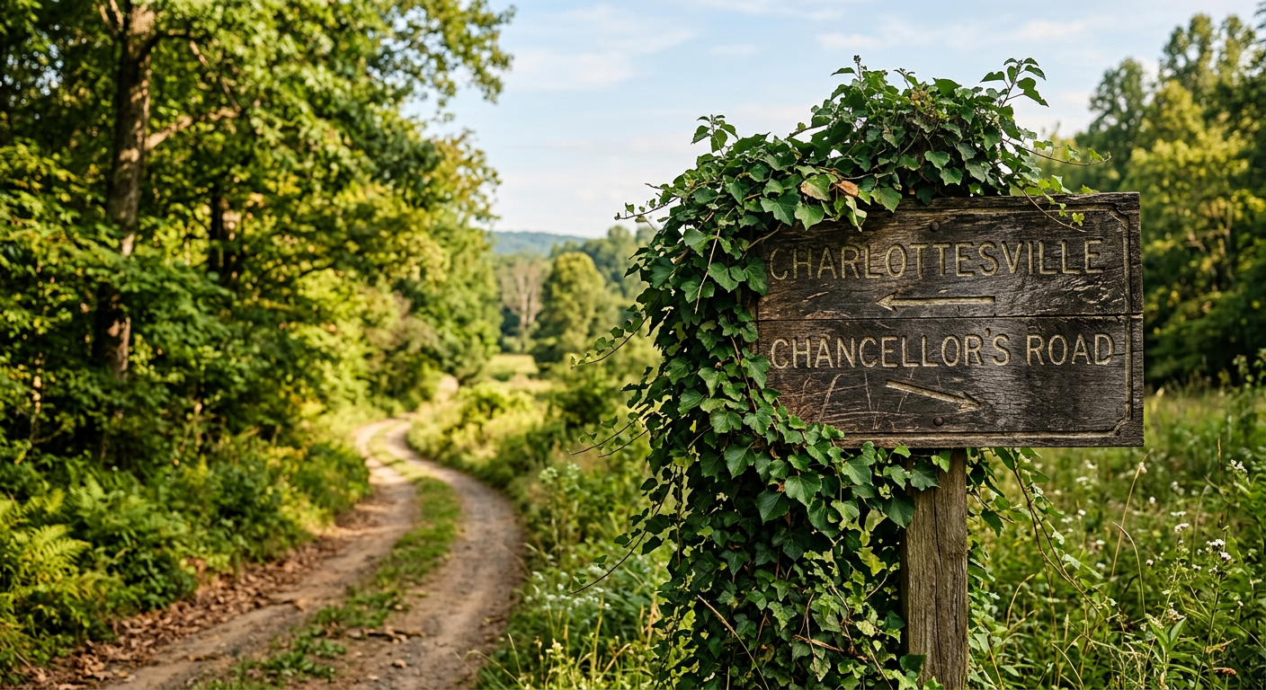 A weathered wooden sign partially covered by ivy directing visitors down a narrow dirt road in Charlottesville