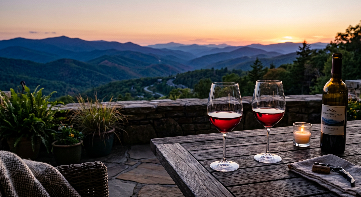 A wooden table with two glasses of red wine overlooking the Blue Ridge Mountains at dusk