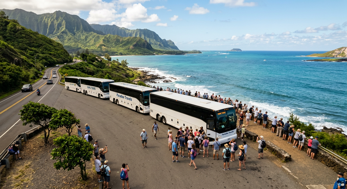 Dozens of tourists standing next to large white tour buses parked along a scenic coastal highway in Oahu