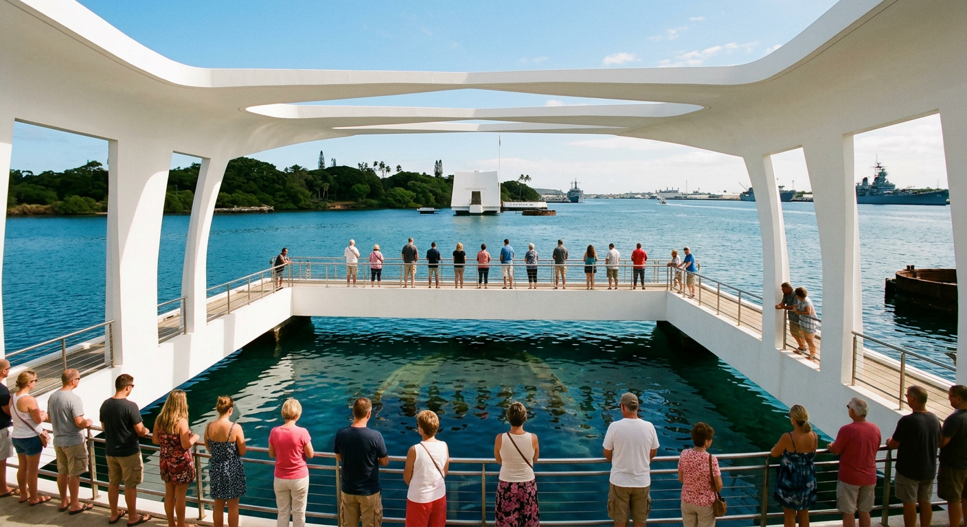 Visitors standing in solemn silence on the white USS Arizona Memorial structure suspended above the blue water
