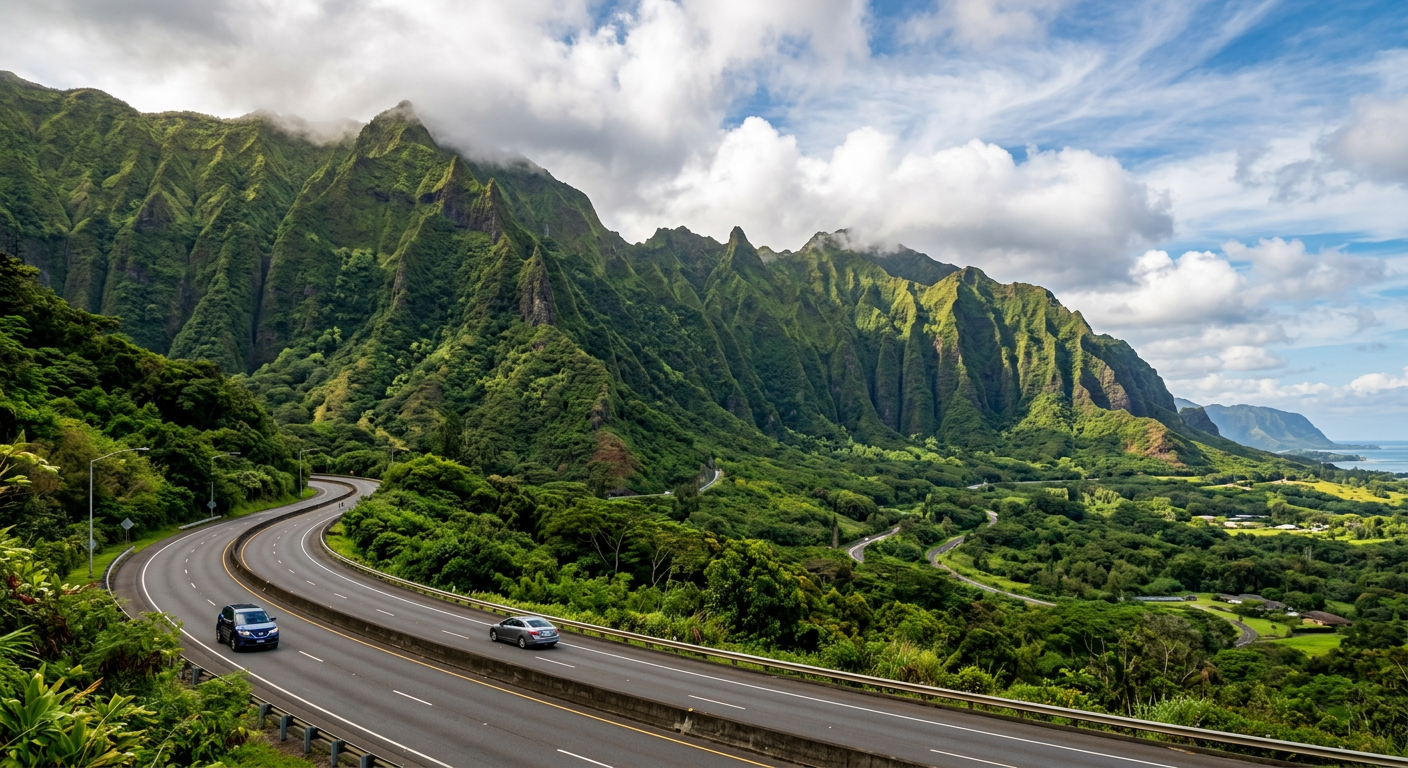Lush, sheer green cliffs of the Koolau mountains rising into the clouds along a paved Oahu highway