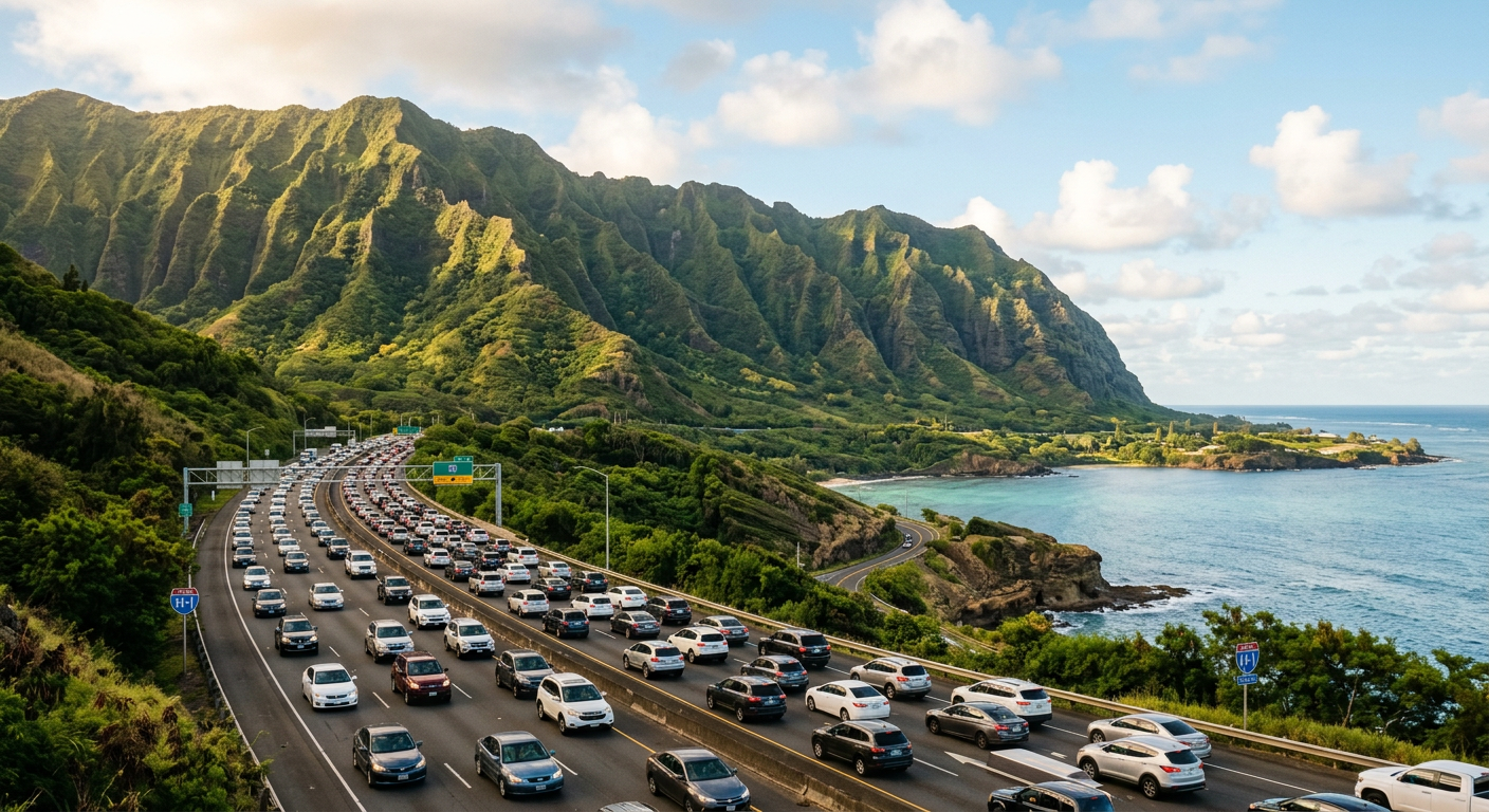 Traffic backed up along the H1 highway with green volcanic mountains in the background