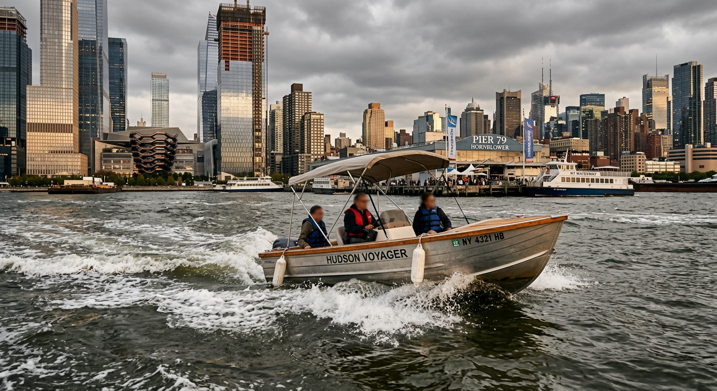 A small rental boat navigating choppy wake waters under a gray sky in the Hudson River near Pier 79