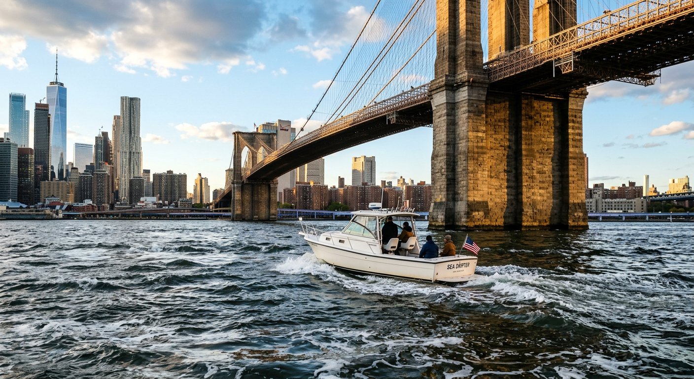 Small recreational vessel navigating choppy tidal waters near the base of the Brooklyn Bridge