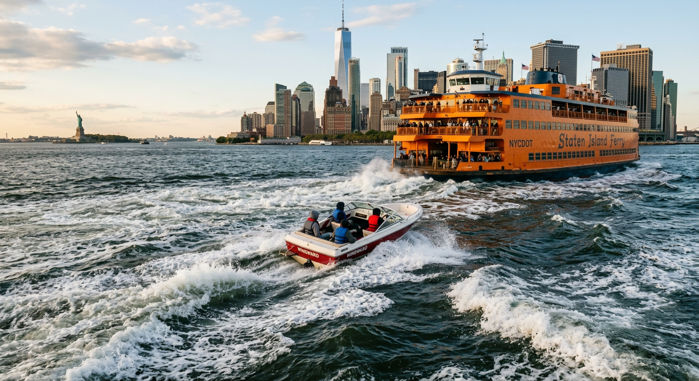 A small recreational boat tossing in the wake of a massive orange Staten Island Ferry near the Battery in New Harbor