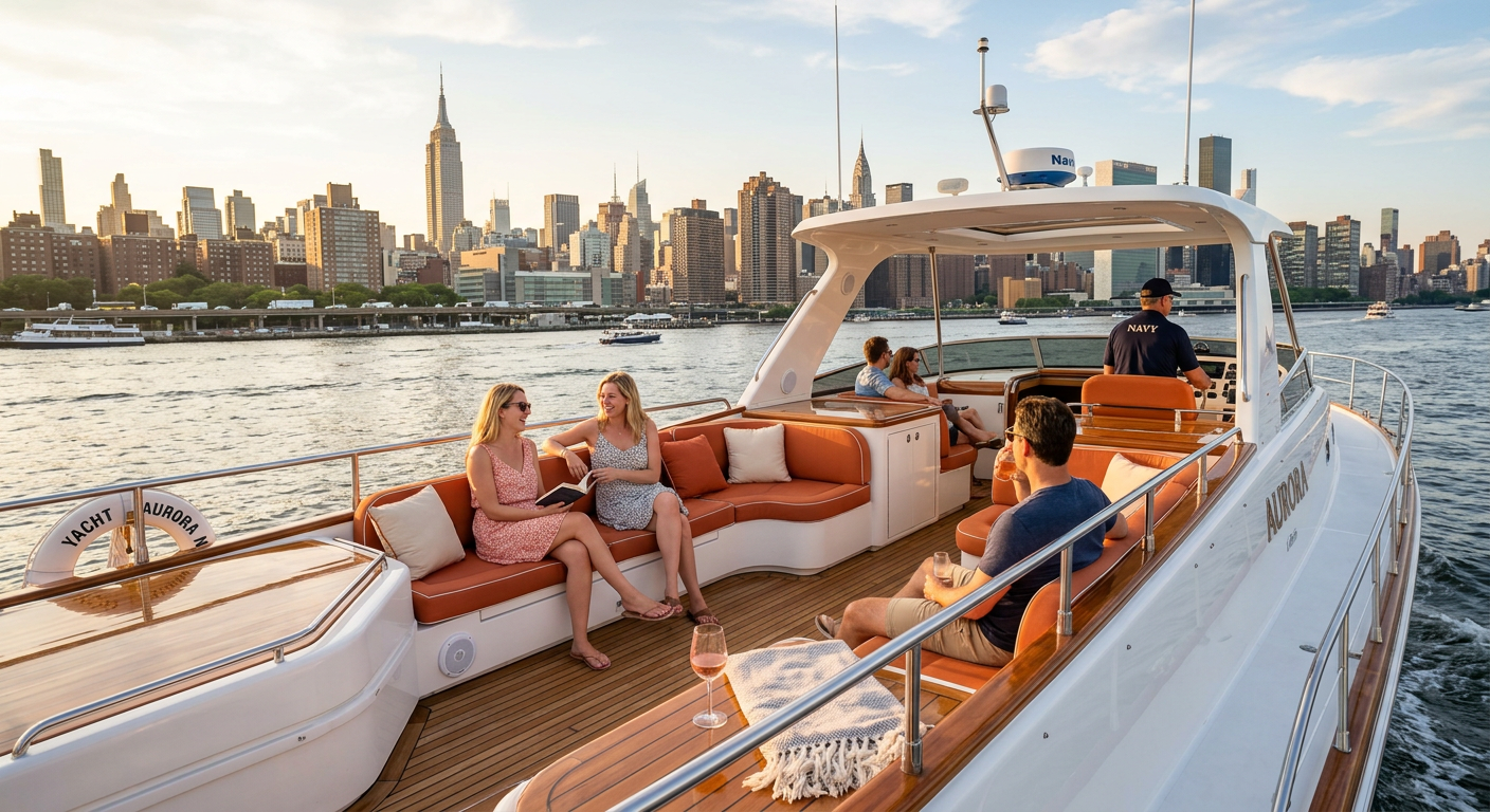 Passengers relaxing on the polished deck of a large captained private boat on the Hudson River