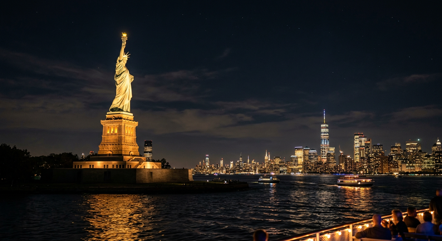 The Statue of Liberty glowing against the dark night sky over New York Harbor