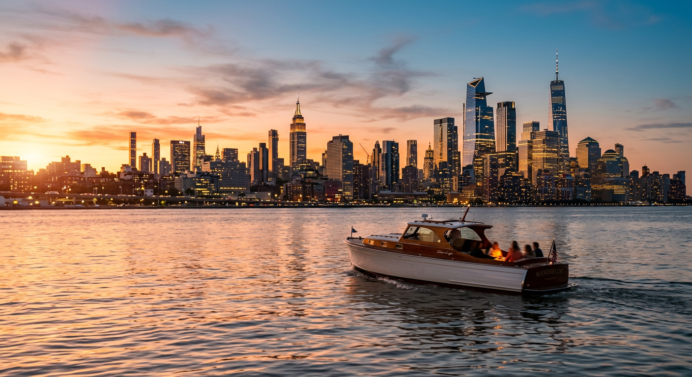 A small private rental boat cruising the calm Hudson River at dusk near the Manhattan skyline