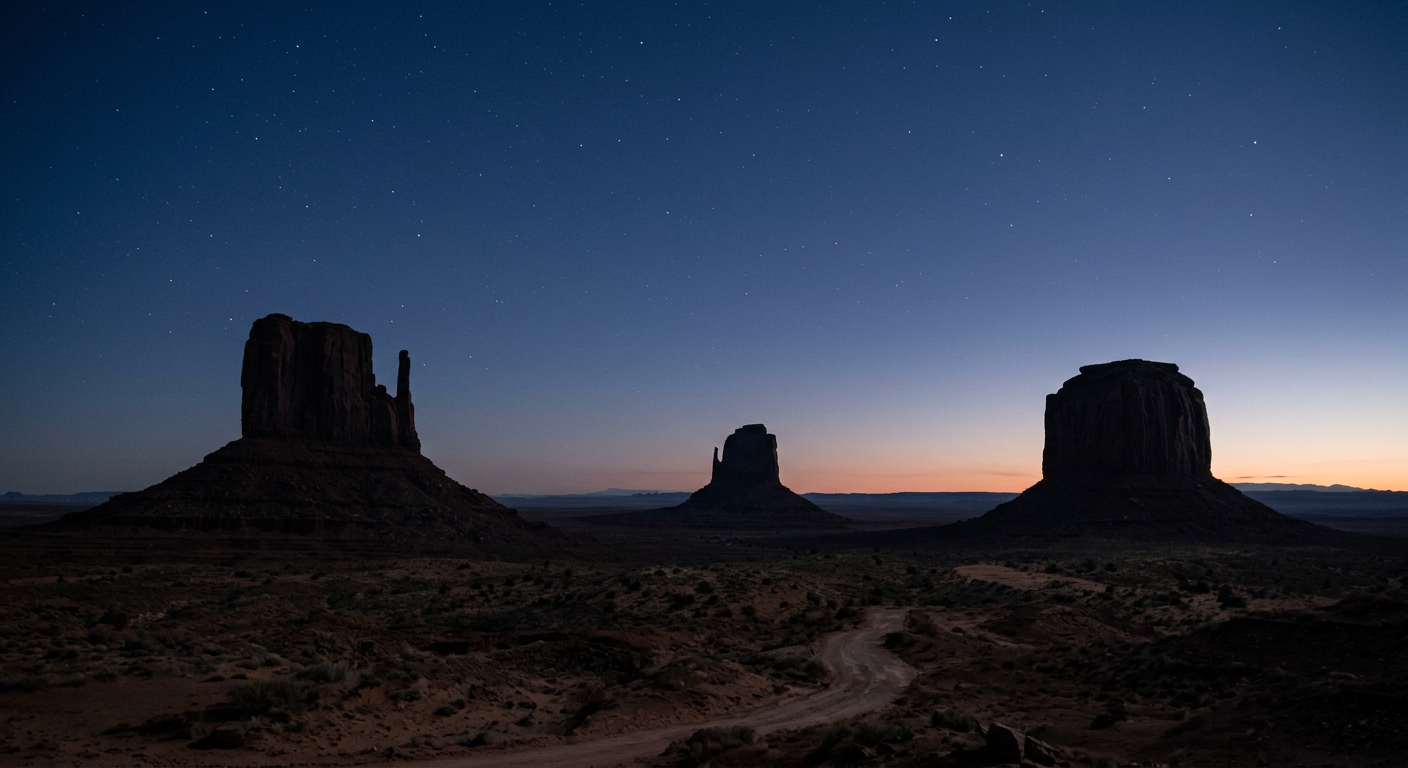 Dark silhouette of Monument Valley mittens against a faint pre-dawn dark blue sky