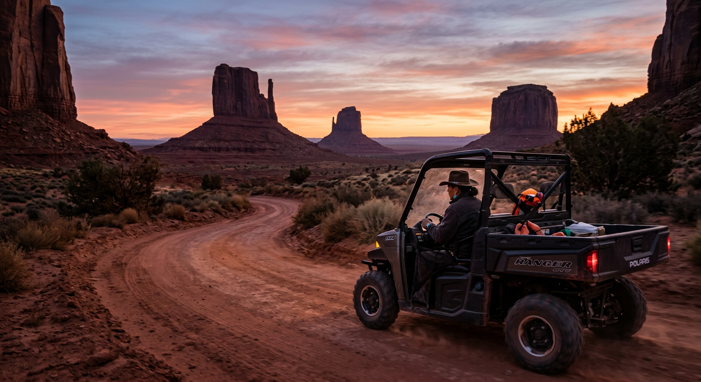 Navajo guide driving an open-air ATV through the dark red dirt roads of Monument Valley before sunrise