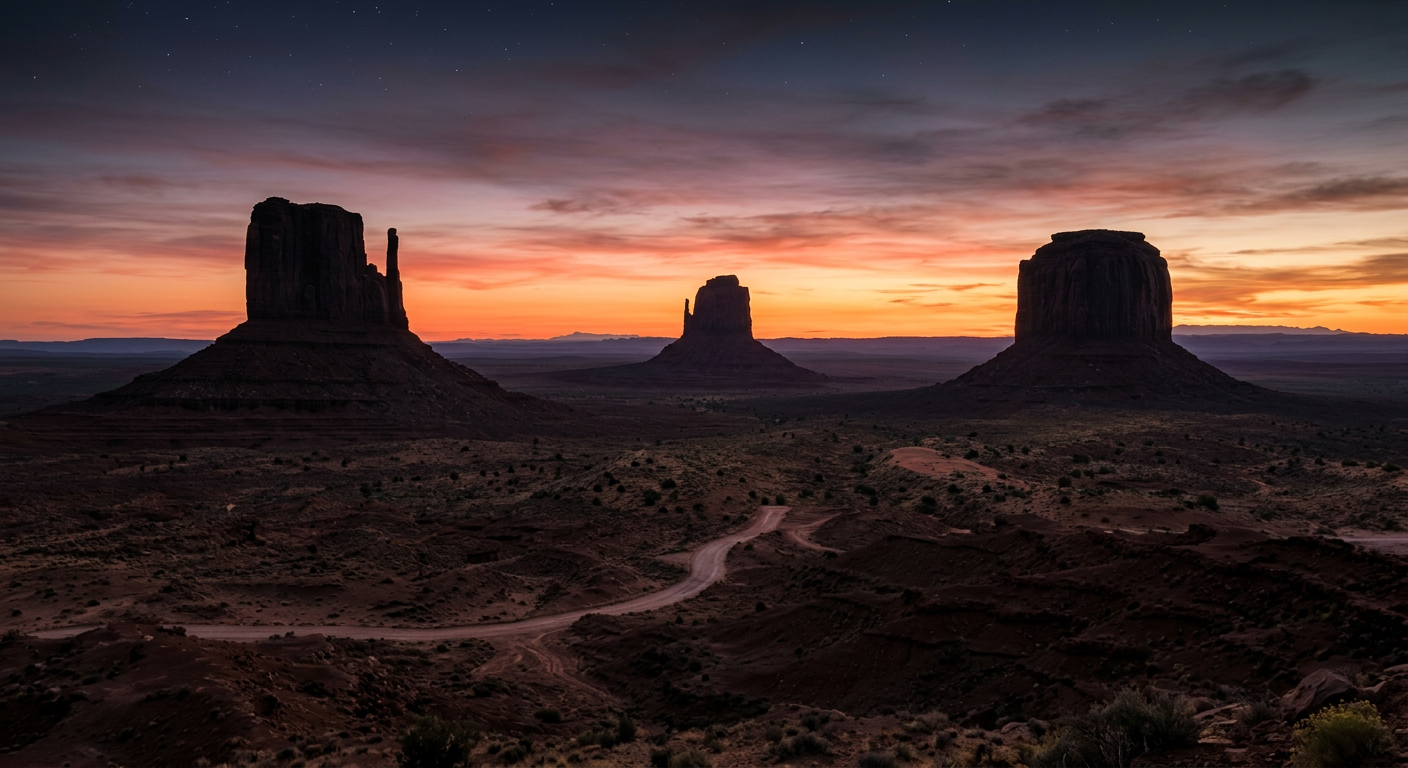 Silhouettes of tall, sheer sandstone buttes rising from a dry desert floor against a dark pre-dawn sky in Monument Valley